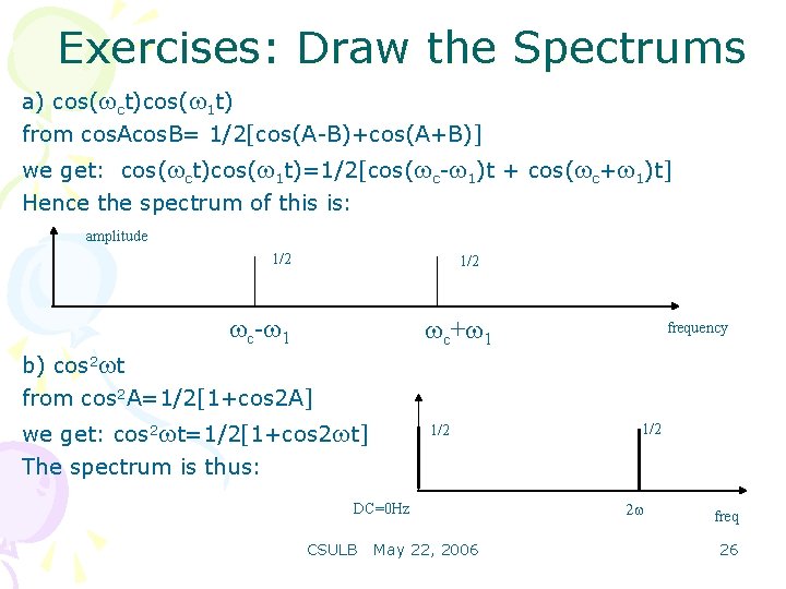 Exercises: Draw the Spectrums a) cos( ct)cos( 1 t) from cos. Acos. B= 1/2[cos(A-B)+cos(A+B)]
