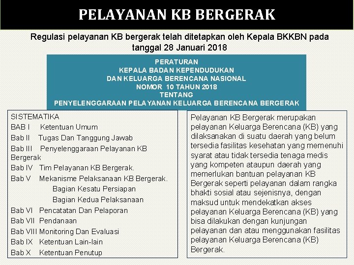 PELAYANAN KB BERGERAK Regulasi pelayanan KB bergerak telah ditetapkan oleh Kepala BKKBN pada tanggal