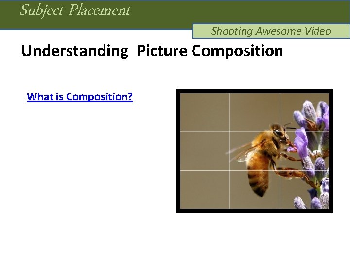 Subject Placement Shooting Awesome Video Understanding Picture Composition What is Composition? 