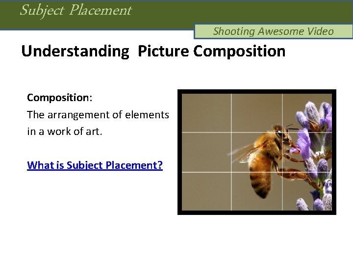 Subject Placement Shooting Awesome Video Understanding Picture Composition: The arrangement of elements in a