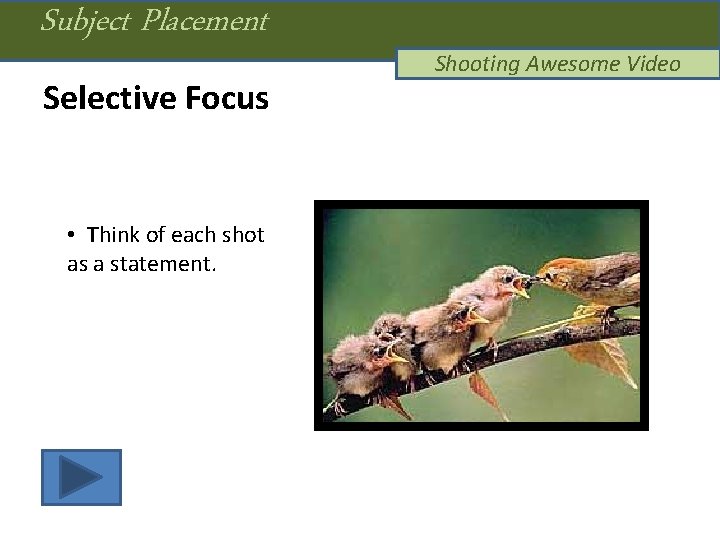 Subject Placement Selective Focus • Think of each shot as a statement. Shooting Awesome