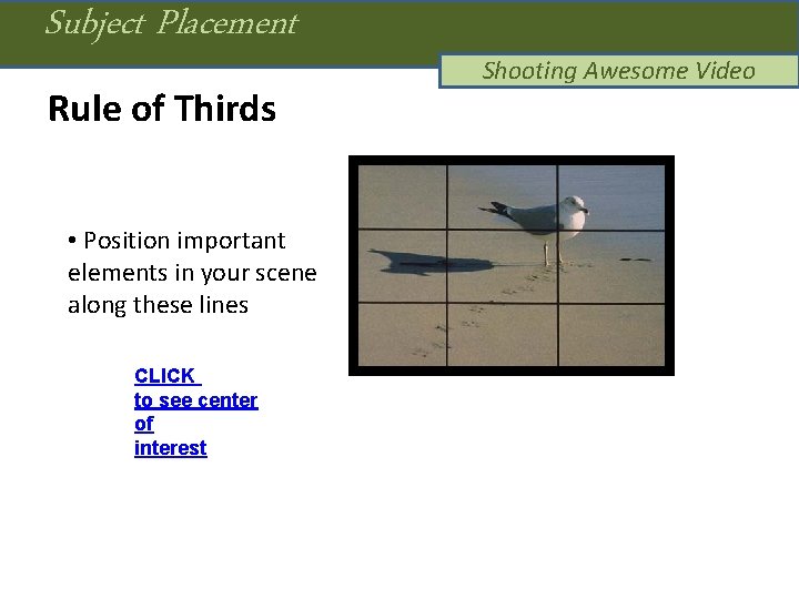Subject Placement Rule of Thirds • Position important elements in your scene along these