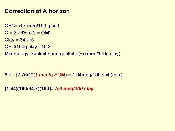 Correction of A horizon CEC= 6. 7 meq/100 g soil C = 2. 76%
