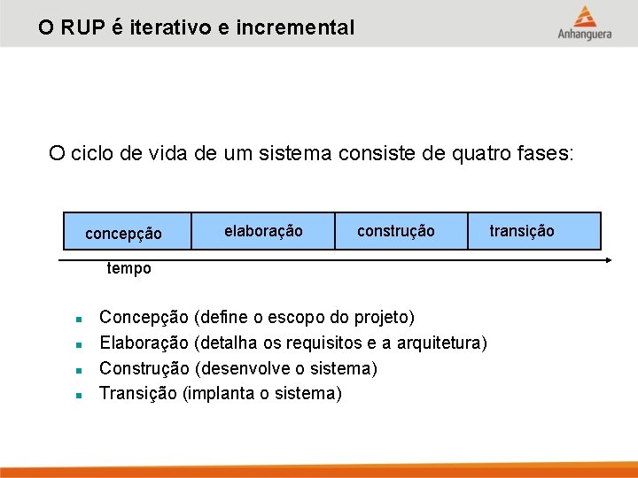 O RUP é iterativo e incremental O ciclo de vida de um sistema consiste