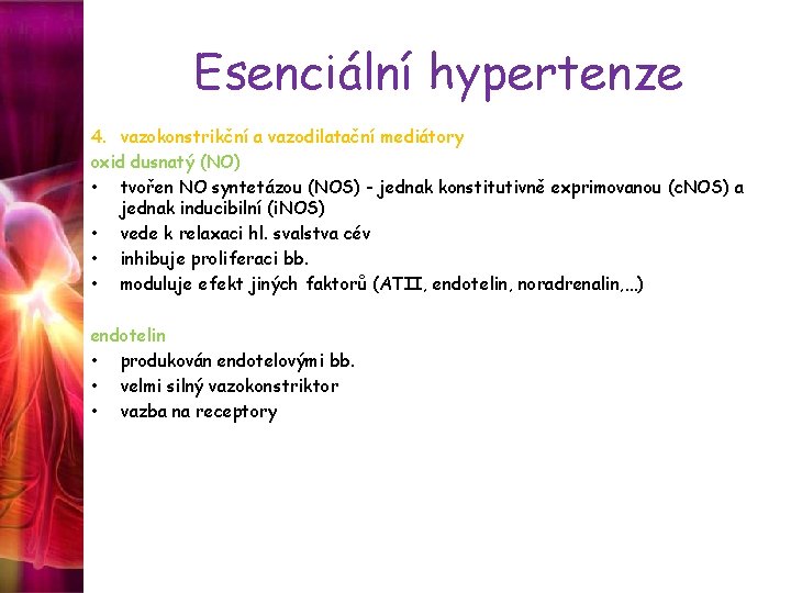 Esenciální hypertenze 4. vazokonstrikční a vazodilatační mediátory oxid dusnatý (NO) • tvořen NO syntetázou