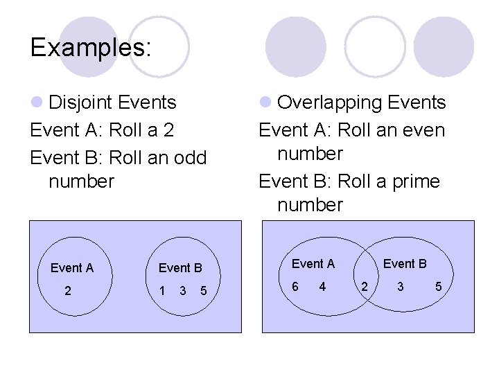 Examples: l Disjoint Events Event A: Roll a 2 Event B: Roll an odd