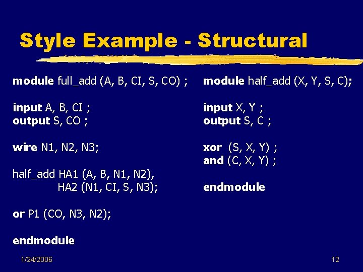 Style Example - Structural module full_add (A, B, CI, S, CO) ; module half_add Style Example - Structural module full_add (A, B, CI, S, CO) ; module half_add