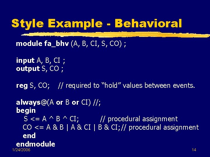 Style Example - Behavioral module fa_bhv (A, B, CI, S, CO) ; input A, Style Example - Behavioral module fa_bhv (A, B, CI, S, CO) ; input A,