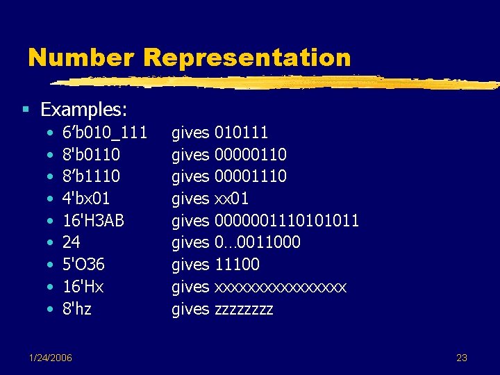 Number Representation § Examples: • • • 6’b 010_111 8'b 0110 8’b 1110 4'bx Number Representation § Examples: • • • 6’b 010_111 8'b 0110 8’b 1110 4'bx