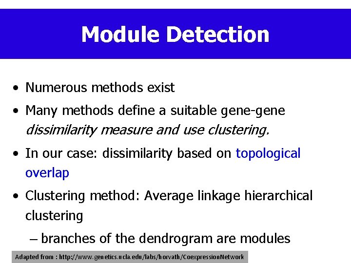 Module Detection • Numerous methods exist • Many methods define a suitable gene-gene dissimilarity