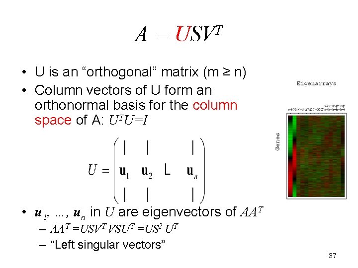 A = USVT • U is an “orthogonal” matrix (m ≥ n) • Column