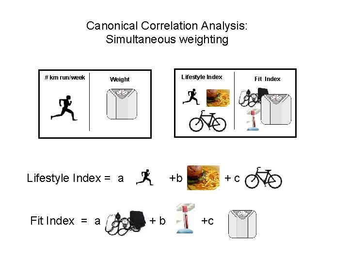 Canonical Correlation Analysis: Simultaneous weighting # km run/week Lifestyle Index Weight Lifestyle Index =