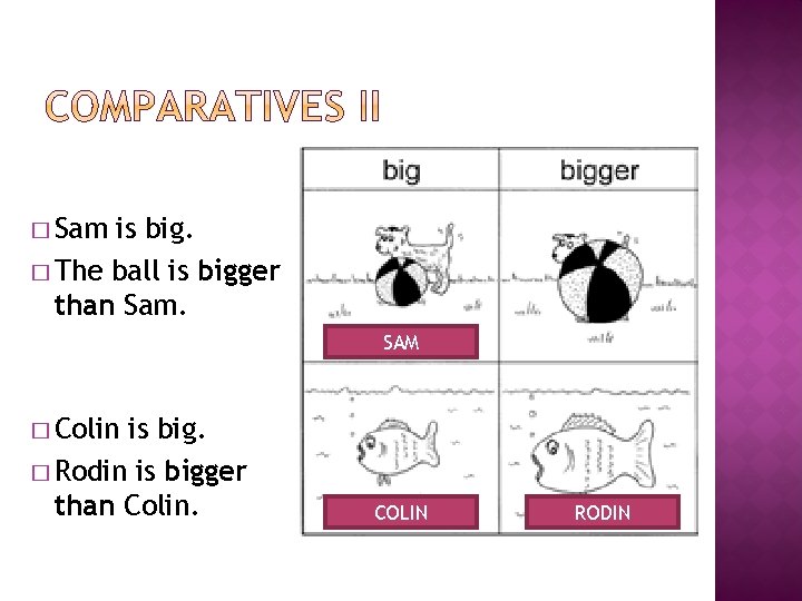 � Sam is big. � The ball is bigger than Sam. SAM � Colin � Sam is big. � The ball is bigger than Sam. SAM � Colin