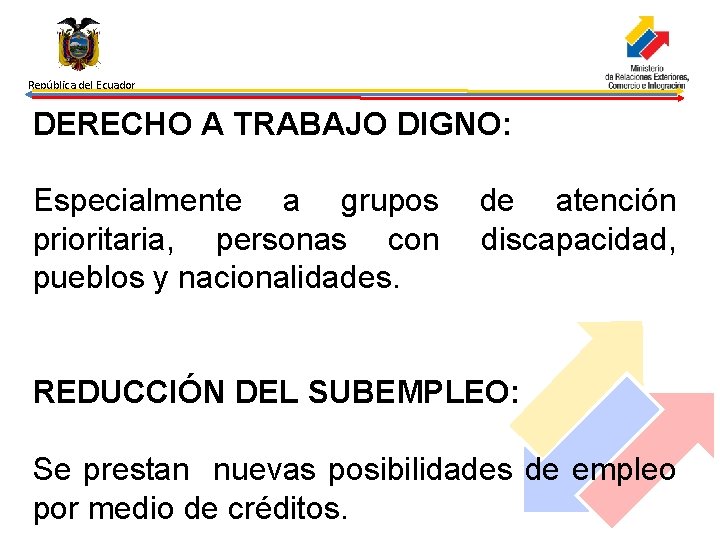 República del Ecuador DERECHO A TRABAJO DIGNO: Especialmente a grupos prioritaria, personas con pueblos