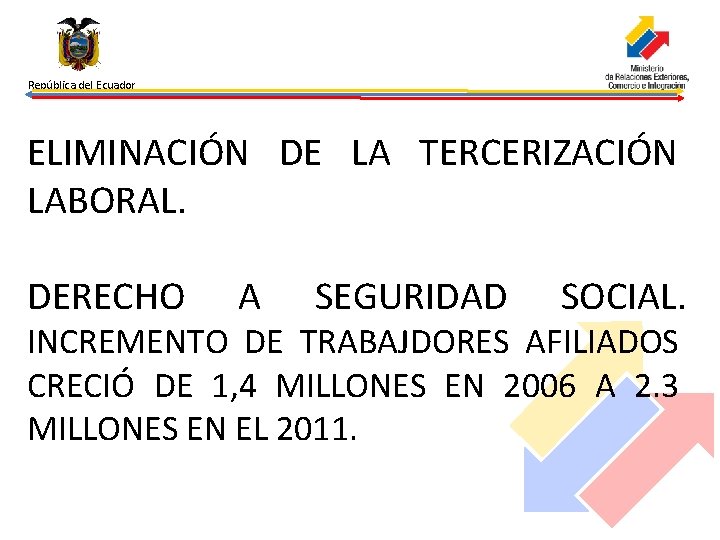 República del Ecuador ELIMINACIÓN DE LA TERCERIZACIÓN LABORAL. DERECHO A SEGURIDAD SOCIAL. INCREMENTO DE
