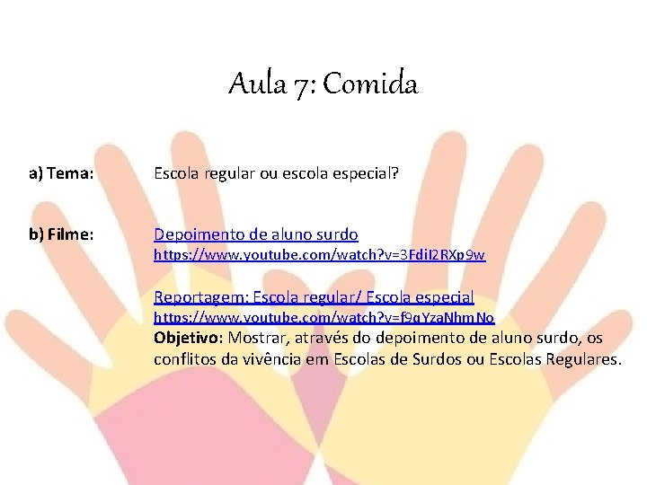 Aula 7: Comida a) Tema: Escola regular ou escola especial? b) Filme: Depoimento de