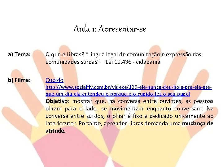 Aula 1: Apresentar-se a) Tema: O que é Libras? “Língua legal de comunicação e