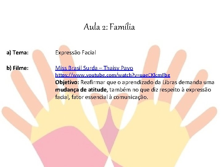 Aula 2: Família a) Tema: Expressão Facial b) Filme: Miss Brasil Surda – Thaisy