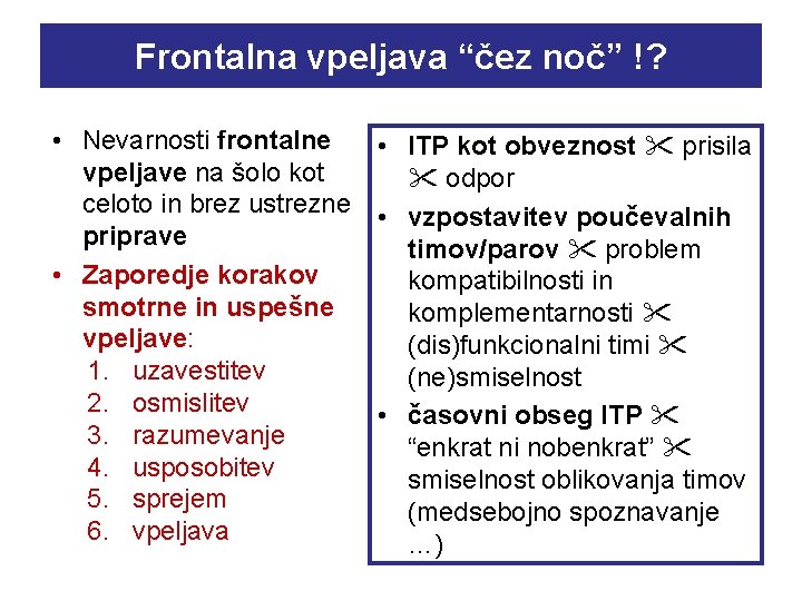 Frontalna vpeljava “čez noč” !? • Nevarnosti frontalne • ITP kot obveznost prisila vpeljave