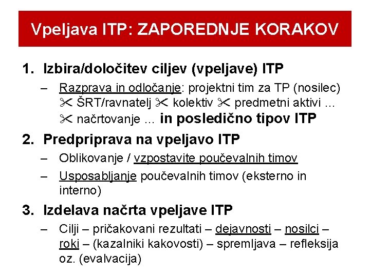 Vpeljava ITP: ZAPOREDNJE KORAKOV 1. Izbira/določitev ciljev (vpeljave) ITP – Razprava in odločanje: projektni