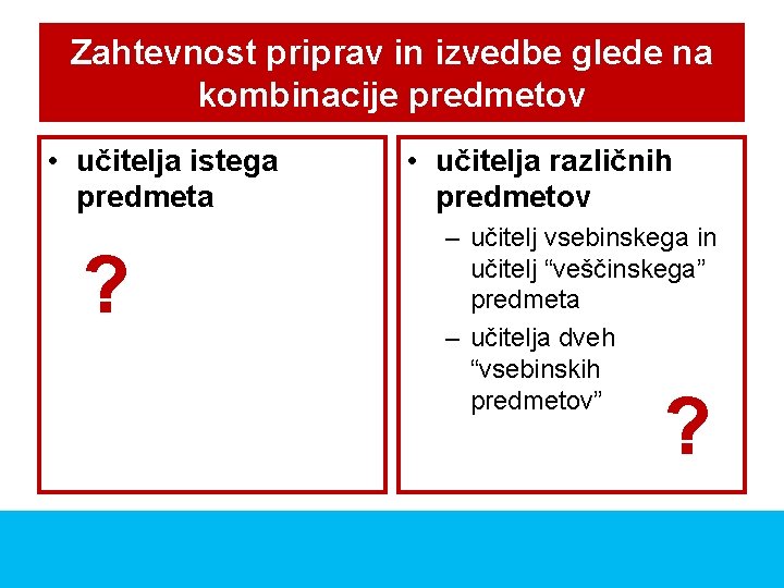 Zahtevnost priprav in izvedbe glede na kombinacije predmetov • učitelja istega predmeta ? •