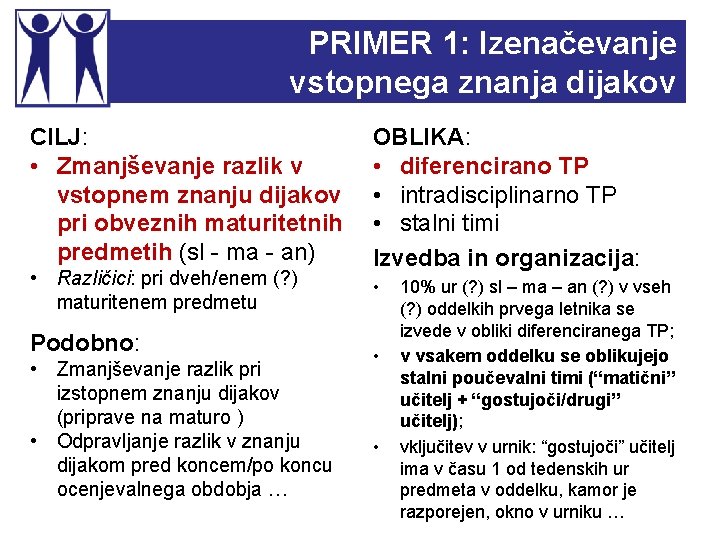 PRIMER 1: Izenačevanje vstopnega znanja dijakov CILJ: • Zmanjševanje razlik v vstopnem znanju dijakov