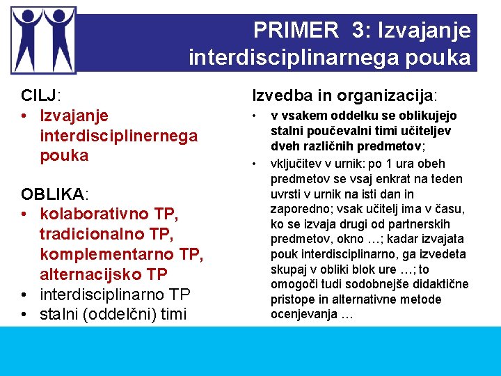 PRIMER 3: Izvajanje interdisciplinarnega pouka CILJ: • Izvajanje interdisciplinernega pouka OBLIKA: • kolaborativno TP,