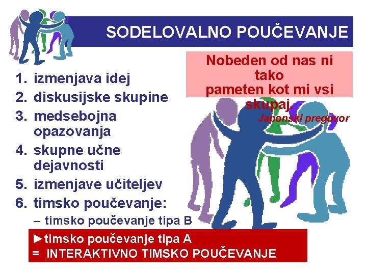 SODELOVALNO POUČEVANJE 1. izmenjava idej 2. diskusijske skupine 3. medsebojna opazovanja 4. skupne učne