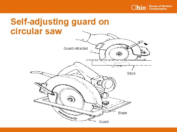 Self-adjusting guard on circular saw Guard retracted Stock Blade Guard 