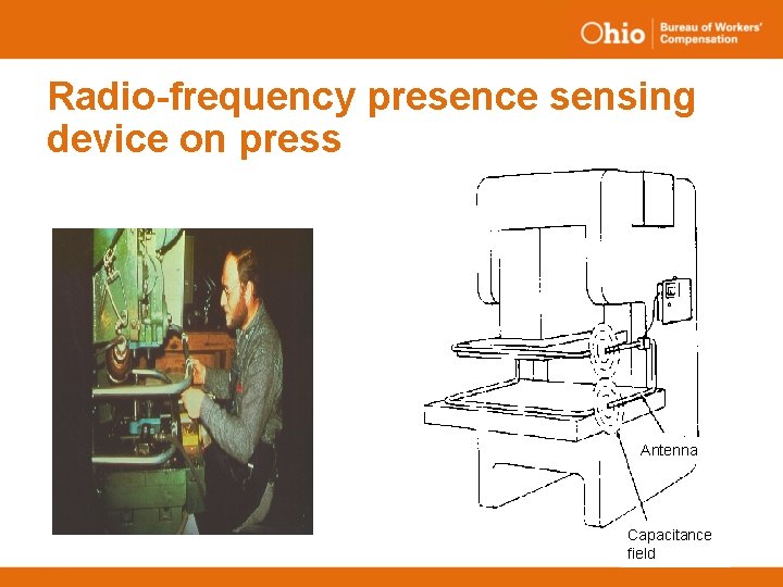 Radio-frequency presence sensing device on press Antenna Capacitance field 