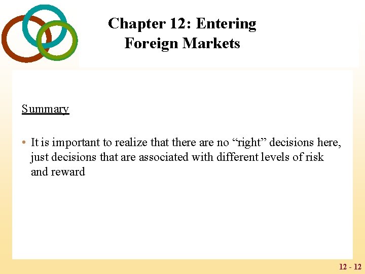 Chapter 12: Entering Foreign Markets Summary • It is important to realize that there
