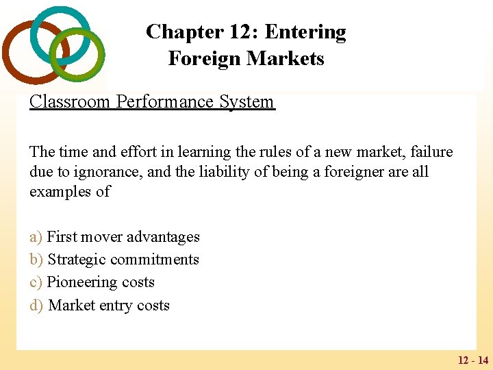 Chapter 12: Entering Foreign Markets Classroom Performance System The time and effort in learning