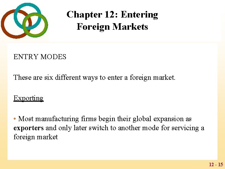 Chapter 12: Entering Foreign Markets ENTRY MODES These are six different ways to enter