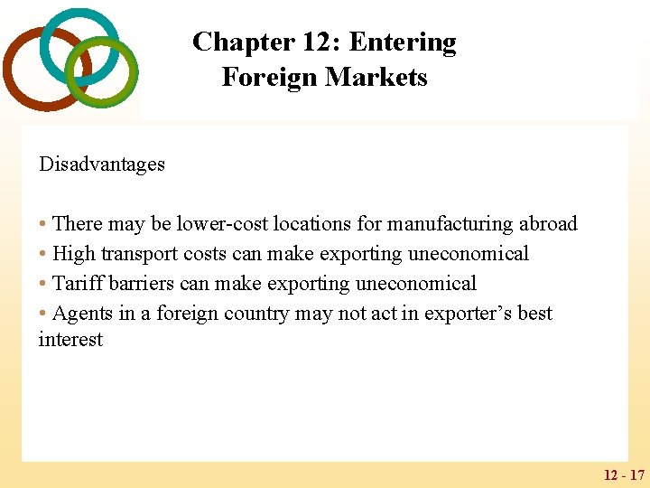Chapter 12: Entering Foreign Markets Disadvantages • There may be lower-cost locations for manufacturing