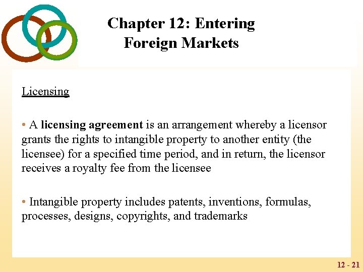 Chapter 12: Entering Foreign Markets Licensing • A licensing agreement is an arrangement whereby