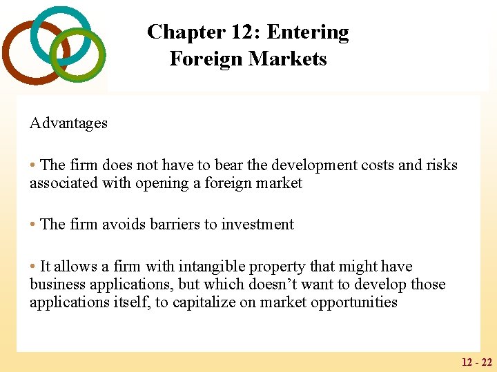 Chapter 12: Entering Foreign Markets Advantages • The firm does not have to bear
