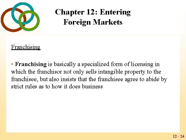 Chapter 12: Entering Foreign Markets Franchising • Franchising is basically a specialized form of