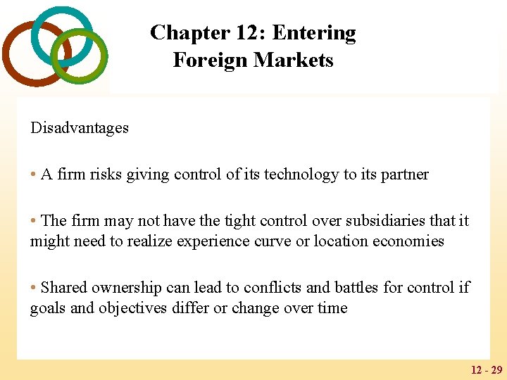 Chapter 12: Entering Foreign Markets Disadvantages • A firm risks giving control of its