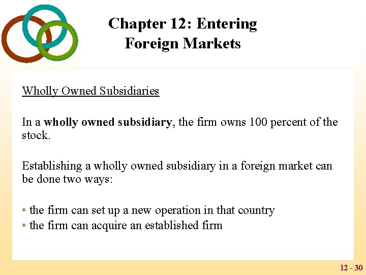 Chapter 12: Entering Foreign Markets Wholly Owned Subsidiaries In a wholly owned subsidiary, the