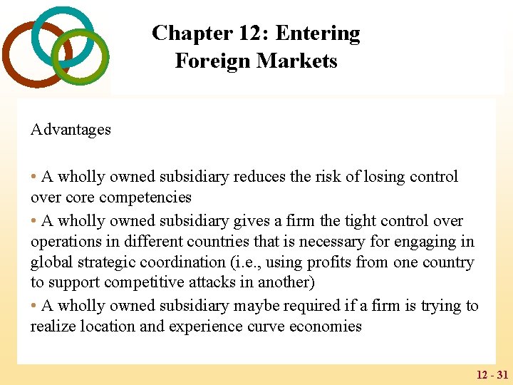 Chapter 12: Entering Foreign Markets Advantages • A wholly owned subsidiary reduces the risk
