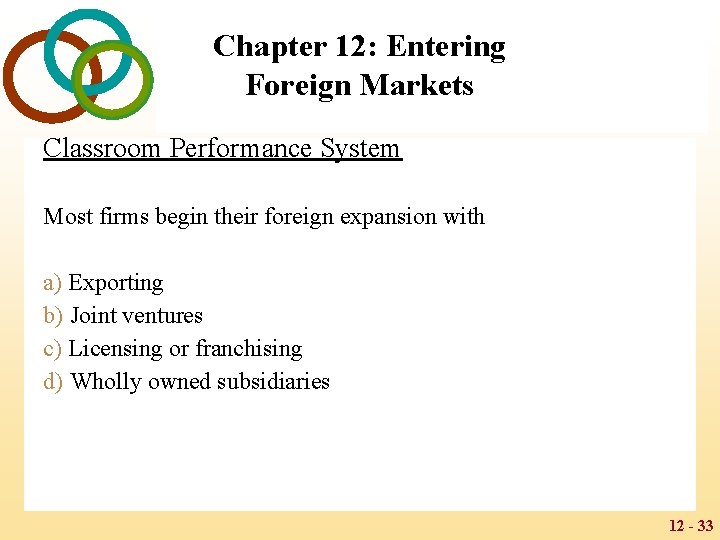 Chapter 12: Entering Foreign Markets Classroom Performance System Most firms begin their foreign expansion