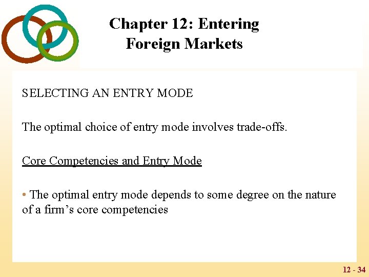 Chapter 12: Entering Foreign Markets SELECTING AN ENTRY MODE The optimal choice of entry