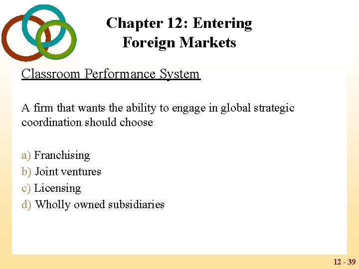 Chapter 12: Entering Foreign Markets Classroom Performance System A firm that wants the ability