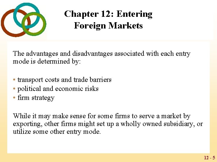 Chapter 12: Entering Foreign Markets The advantages and disadvantages associated with each entry mode