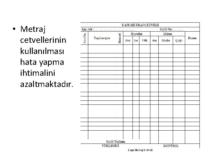  • Metraj cetvellerinin kullanılması hata yapma ihtimalini azaltmaktadır. 