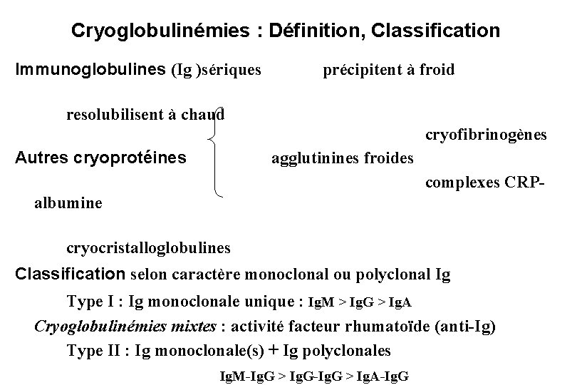 Cryoglobulinémies : Définition, Classification Immunoglobulines (Ig )sériques précipitent à froid resolubilisent à chaud cryofibrinogènes