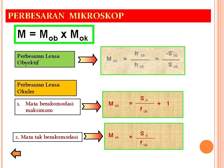 PERBESARAN MIKROSKOP M = Mob x Mok Perbesaran Lensa Obyektif M ob h’ ob