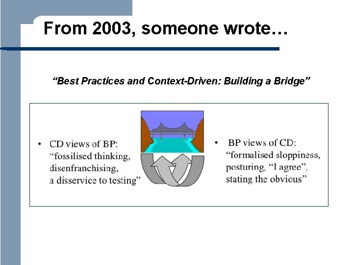 From 2003, someone wrote… “Best Practices and Context-Driven: Building a Bridge” 