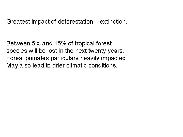 Greatest impact of deforestation – extinction. Between 5% and 15% of tropical forest species