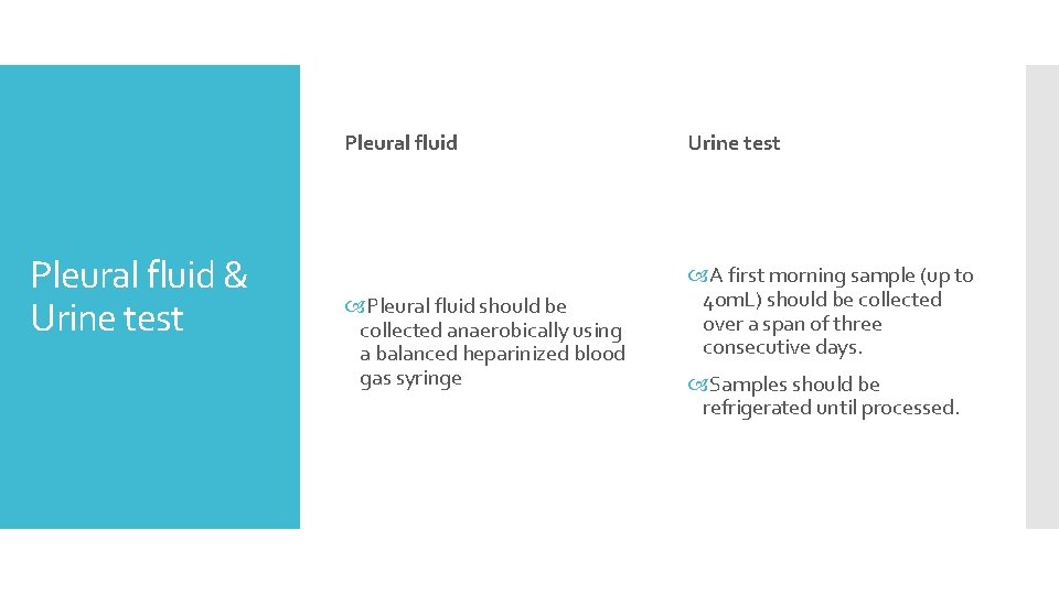 Pleural fluid & Urine test Pleural fluid should be collected anaerobically using a balanced